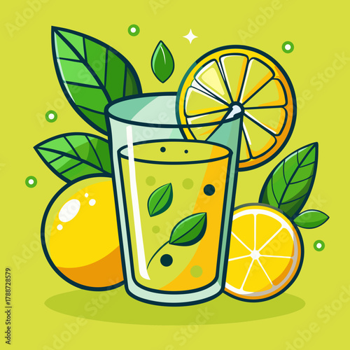 Refreshing lemonade illustration with lemon slices and green leaves around