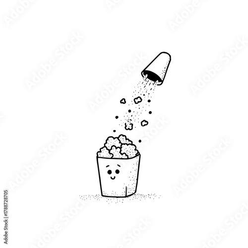 Illustration of seasoning being poured into a bucket of popcorn with a smiling face on the bucket