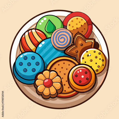 Cartoon illustration of a plate of colorful cookies and biscuits on beige