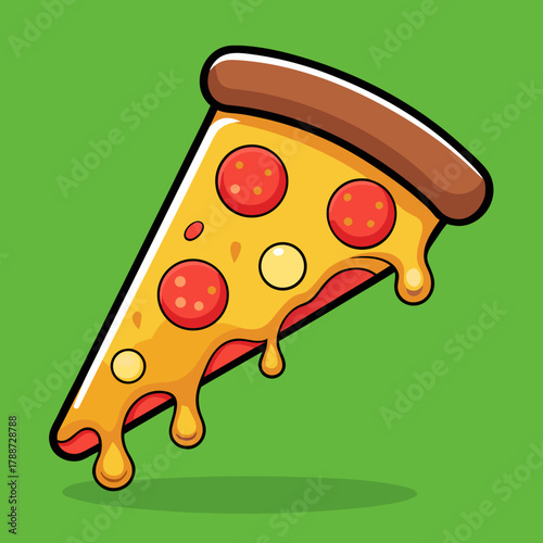 A delicious slice of pizza with pepperoni and cheese on a green background