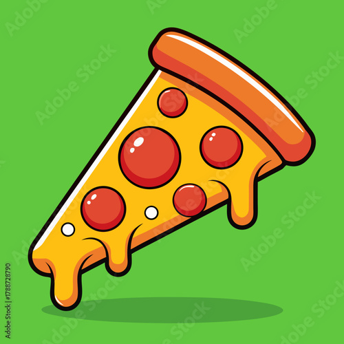A cartoon pizza slice with pepperoni and cheese on a green background