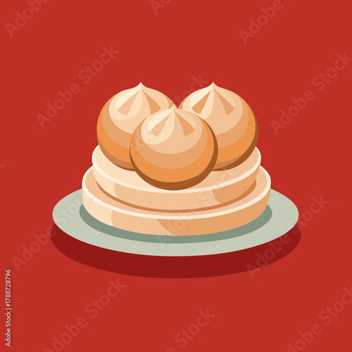 Three cartoon steamed buns on a stack of pancakes on a red background