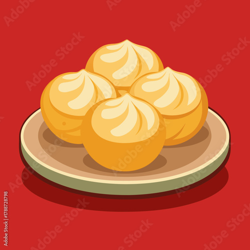 A plate of four cartoon steamed buns on a red background