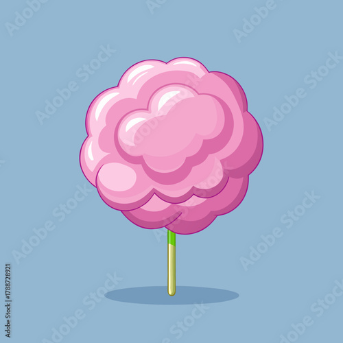 Pink cotton candy on a stick against a blue background in cartoon style