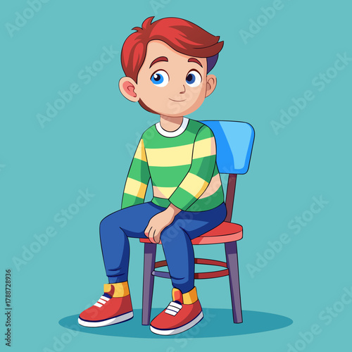 A boy sitting on a chair with red hair against blue background