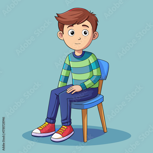 A boy sitting on a chair with brown hair against blue background