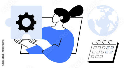 Woman holding a puzzle piece with a gear icon, symbolizing problem-solving. Nearby are a globe and calendar, referencing planning, strategy, global collaboration, and workflow. Ideal for teamwork