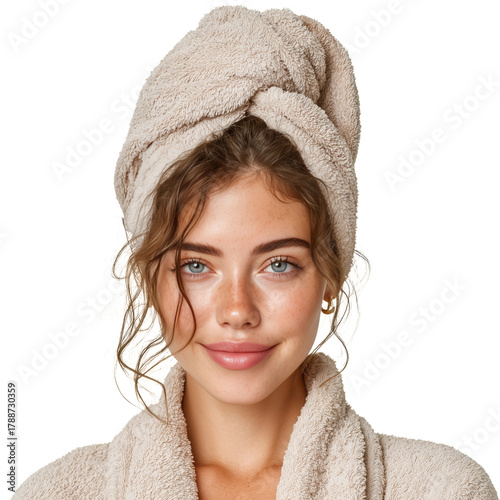 Fresh and Radiant Woman in a Robe With a Towel Wrapped Hair After a Relaxing Skincare Routine