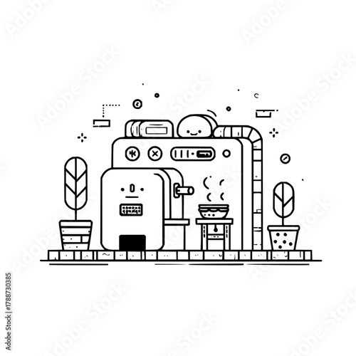 Illustration of a complex machine with plants and a bowl on a stool in a line art style