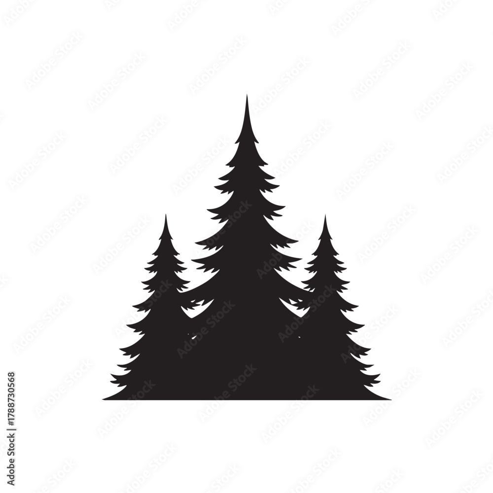Obraz premium Black silhouette of three pine trees on a white background fir tree evergreen