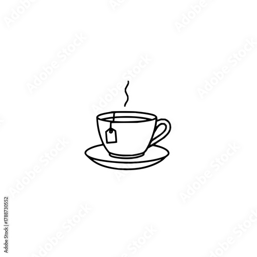 A simple line drawing of a cup of tea with a tea bag and steam on a saucer is centered