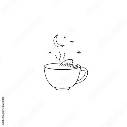 A cup of tea with a shark fin in it under the moon and stars in a black and white line drawing style