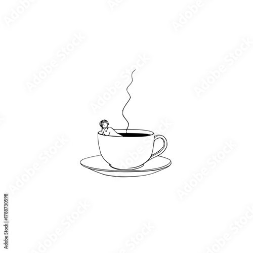 A minimalist line drawing of a person relaxing inside a steaming cup of coffee on a saucer art