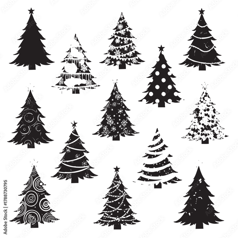 Obraz premium Collection of twelve black silhouette Christmas trees with various decorative patterns and stars