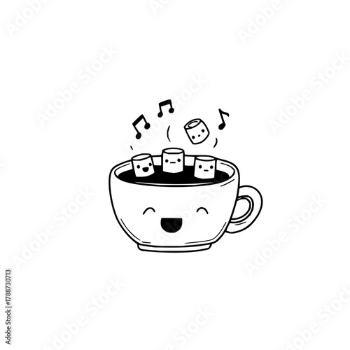 A happy cup of cocoa with marshmallows and music notes floating above it in black and white style