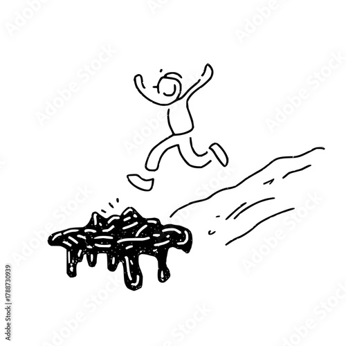 Stick figure leaping over a puddle with arms raised in celebration on a white background art piece