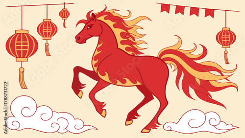 Red fire horse symbolizing prosperity during Chinese New Year, prancing amidst traditional lanterns and decorative clouds.