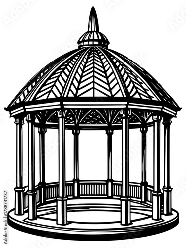 Circular pavilion roof with intricate architectural details and elegant columns supporting the structure.