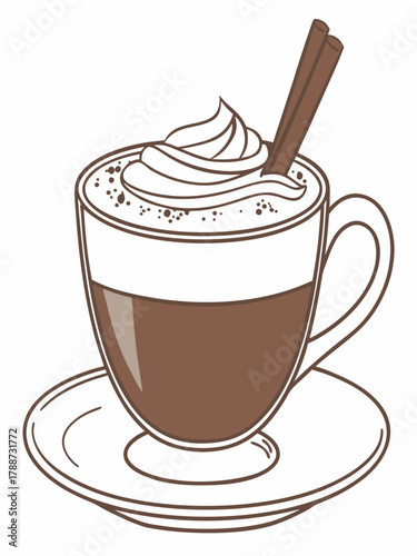 Cappuccino with creamy froth and cinnamon stick served in clear glass cup. Delicious cappuccino features rich coffee flavor topped with whipped cream and cinnamon.
