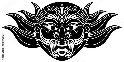 Traditional Chinese opera mask design with intricate detailing and fierce expression. Chinese opera mask features dynamic swirling hair and bold facial features seen in theatrical performances.