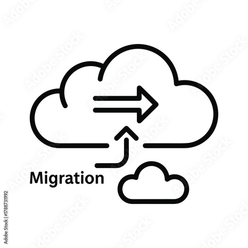 Cloud migration concept with arrow from small cloud to big cloud