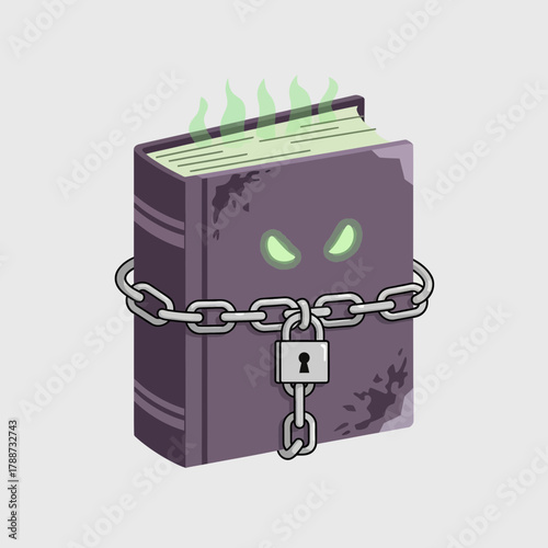 Purple book with glowing eyes chained and locked with green flames.
