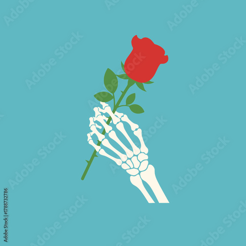 Skeletal hand holding a red rose with green stem and leaves.