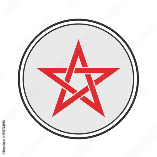 Red pentagram within a circle with black and white border.