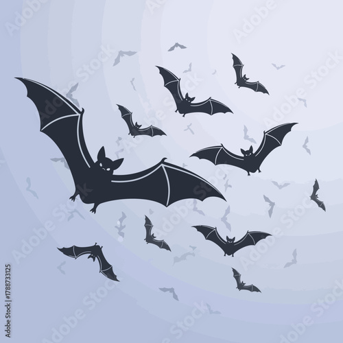 Many bats are flying in different directions.