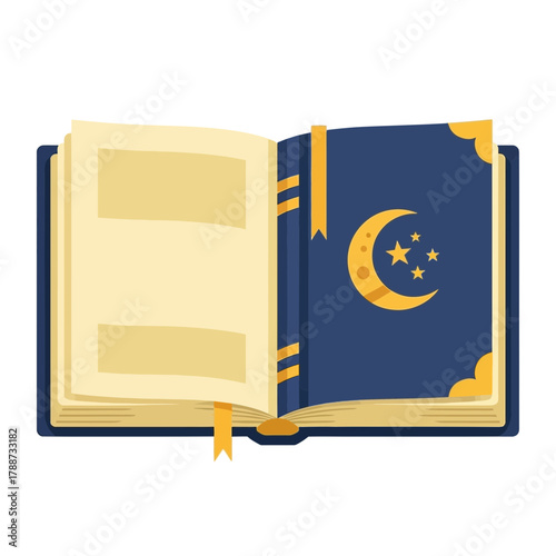 Open book with moon and stars design and yellow bookmark ribbon.
