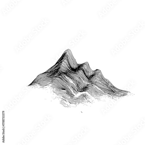 Illustration of a topographical mountain range with detailed line work on a white background view from afar