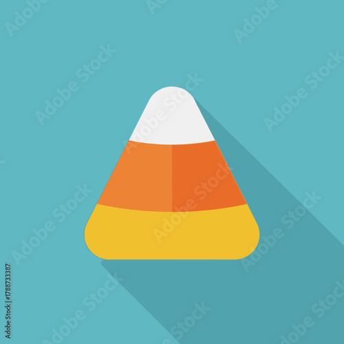 A candy corn with white orange and yellow stripes is shown.