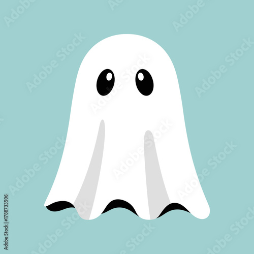 Cartoonish white ghost with big black eyes and wavy bottom edge.