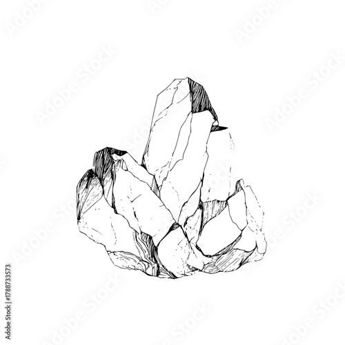 Illustration of a jagged rock formation with detailed line work and shading on a white background space