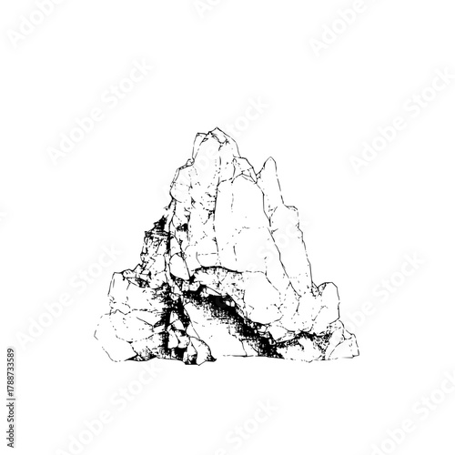 Detailed black and white drawing of a rocky mountain formation with visible cracks and crevices on white