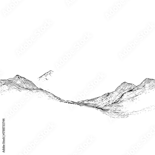 A black and white landscape drawing featuring a mountain range with detailed line work and a minimalist style
