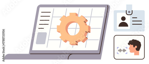 Gear on laptop screen, ID badge, voice recognition profile. Ideal for technology, security, authentication, identity, data management automation workflow. Modern flat metaphor