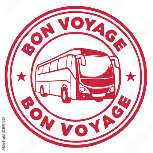 Travel rubber stamp design featuring a bus with a welcoming phrase for journey enthusiasts