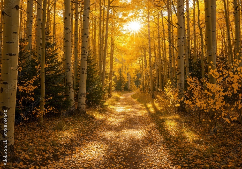 Obraz premium Sunlight filtering through brilliant yellow aspen forest, illuminating a peaceful dirt trail covered in fallen gold leaves ,autumn, dirt, nature