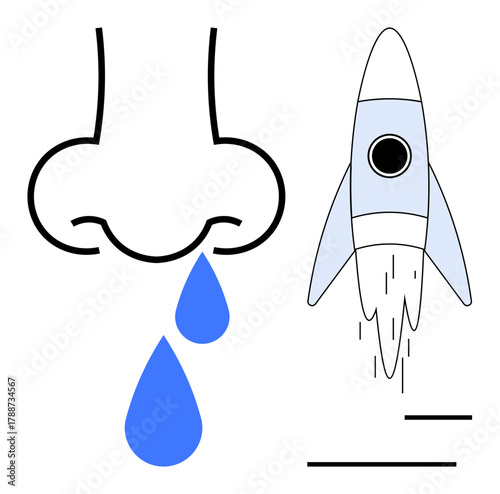 Nose with drops of liquid and a launching rocket suggesting speed, ideas, or emotions. Ideal for creativity, efficiency, humor, absurdity, innovative thought growth or productivity. Simple flat
