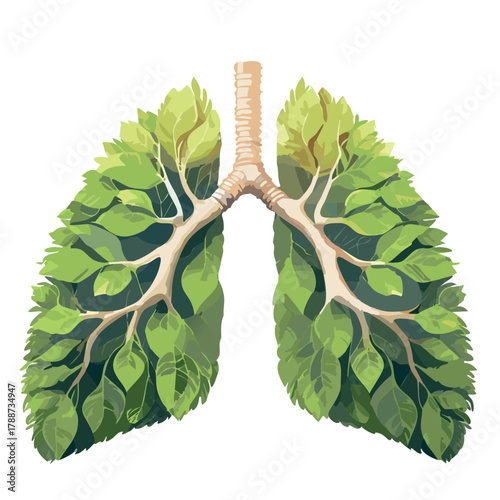 Hyper-realistic image of human lungs formed by lush green leaves,