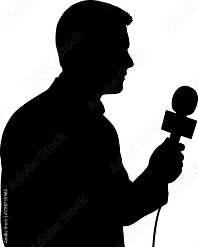 Silhouette of Journalist Holding Microphone Black and White Vector on White Background. Perfect Illustration for Media, News, Interview, Reporter, Press, Design
