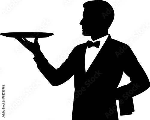 Silhouette of Waiter Holding Tray Black and White Vector Illustration. Perfect Minimal Design for Restaurant, Service, Hospitality, Food, Waiter, Professional