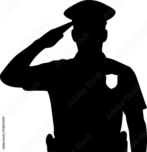 Silhouette of Police Officer Saluting Black and White Design. Minimal Vector Illustration for Law, Security, Authority, Police, Uniform, Professional Concept