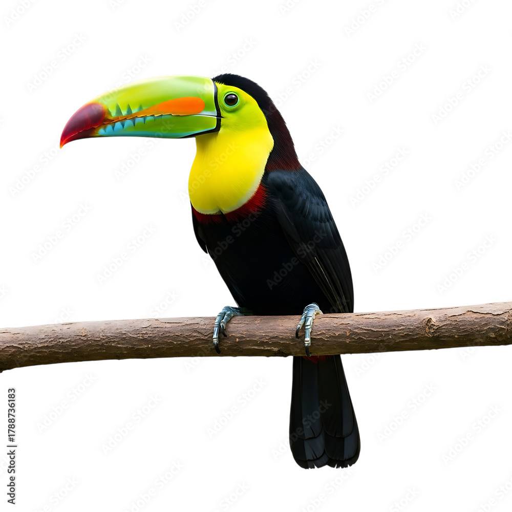 Naklejka premium Keel-billed Toucan, with vibrant beak colors, cutout, PNG isolated on white or transparent background