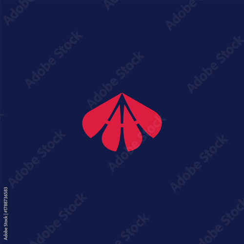 Abstract stylized floral blossom emblem in vivid red against deep blue field