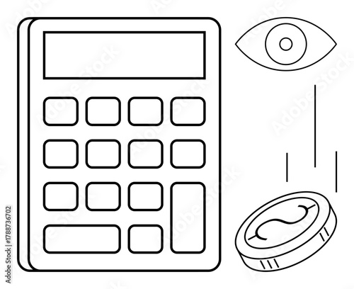 Calculator, an eye, and a falling coin representing finance management, calculation, monitoring, and saving. Ideal for accounting, budgeting, investment business planning analysis and expenses