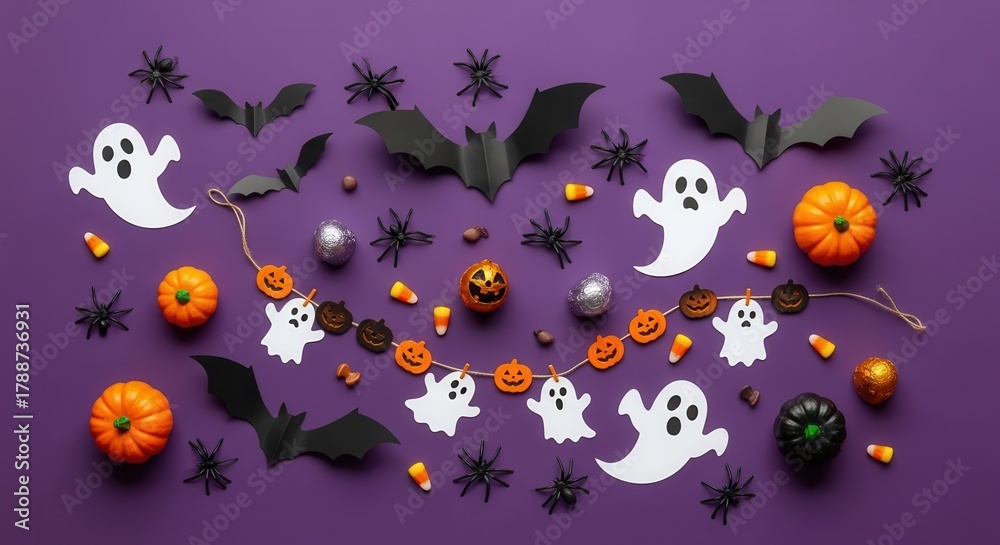 Naklejka premium Eerie Halloween flat lay featuring ghosts, bats, candy corn, pumpkins on purple background perfect for designs