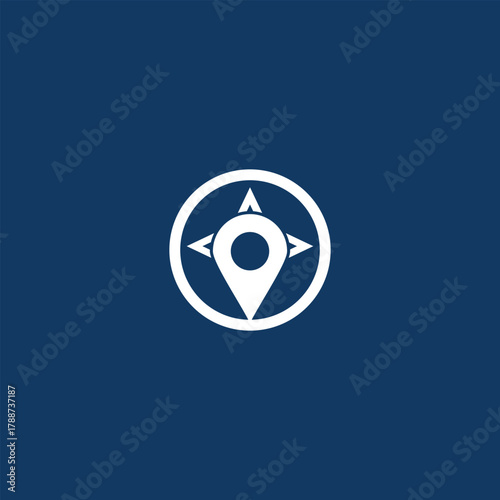 Minimalist white location icon with compass in circular frame on blue backdrop