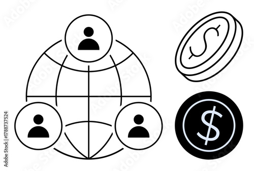 Connected people across globe over network grid and currency coins representing financial exchange. Ideal for business, communication, networking, globalization, economics, partnerships, remote work